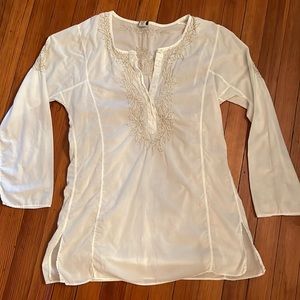 J. Crew Long Sleeved Beach Cover Up/Causal Top White w/Gold Embroidering Size M